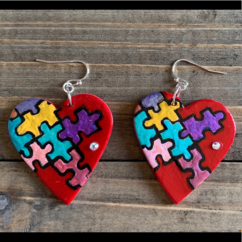 Hand painted heart puzzle artisan earrings
